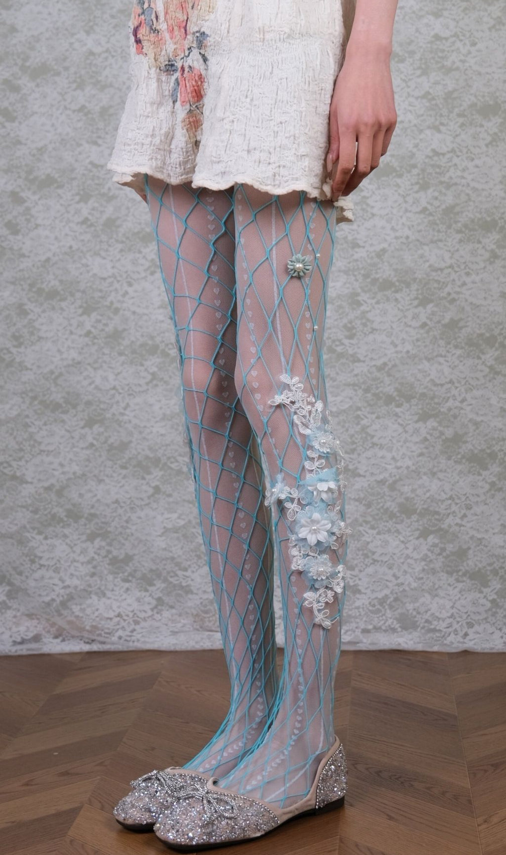 White Tights & Blue Floral Tights Set