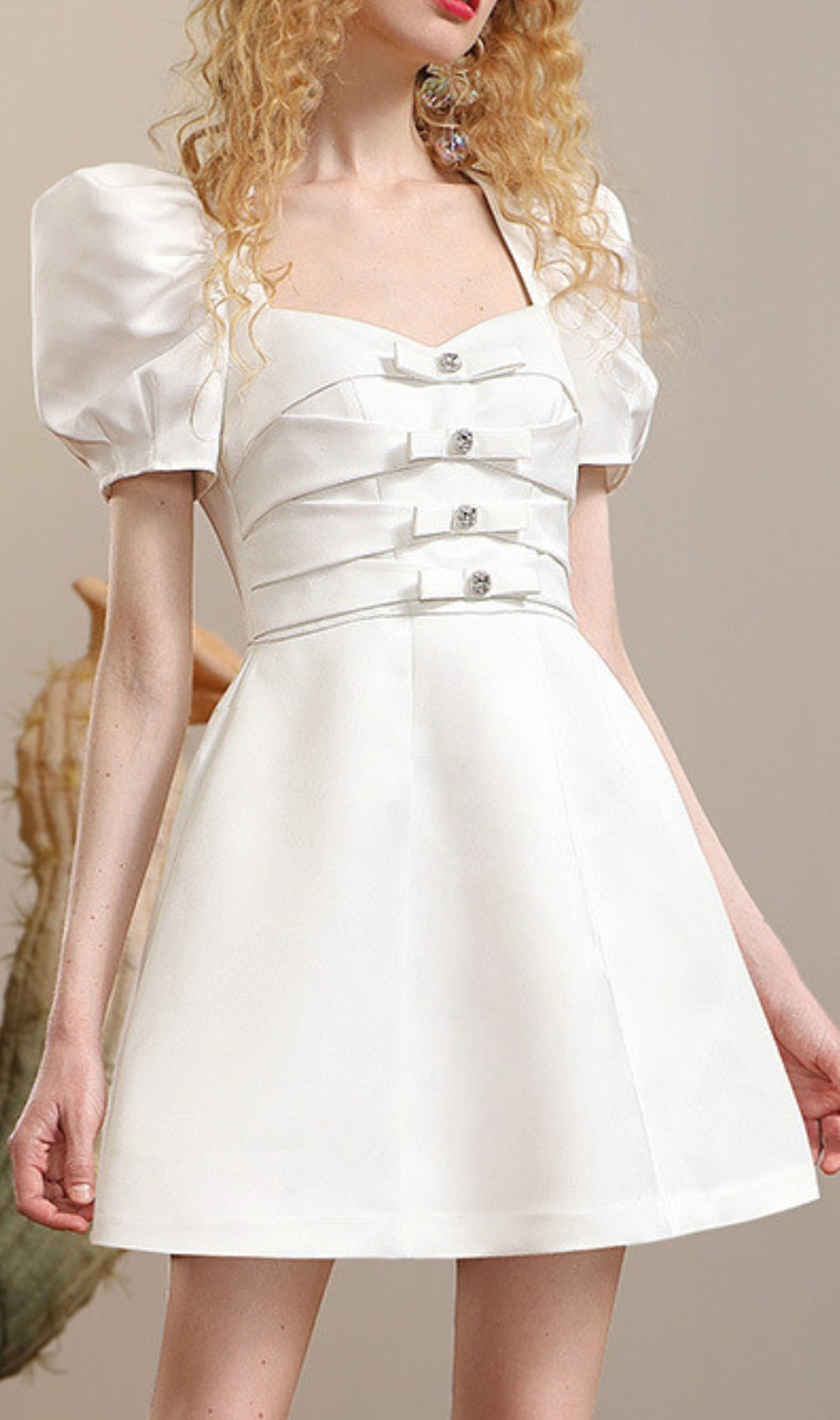 Conal White Bow Puff Sleeve Mini Dress