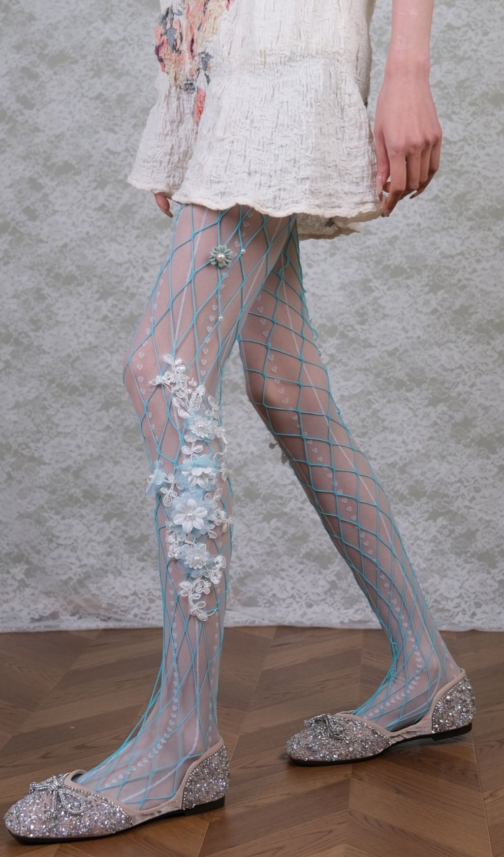 White Tights & Blue Floral Tights Set