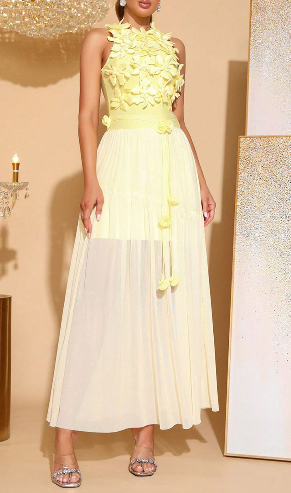 Hagop Vibrant Yellow 3D Floral Halter Neck Mesh Maxi Dress for Women