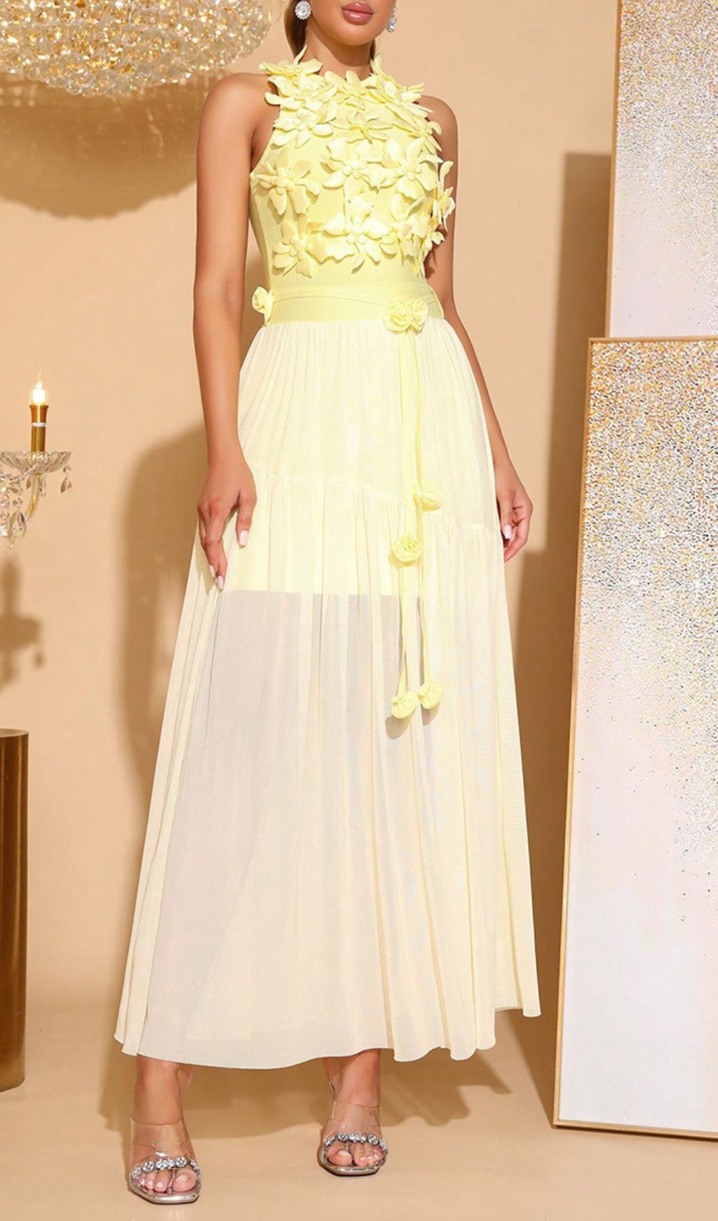 Hagop Vibrant Yellow 3D Floral Halter Neck Mesh Maxi Dress for Women