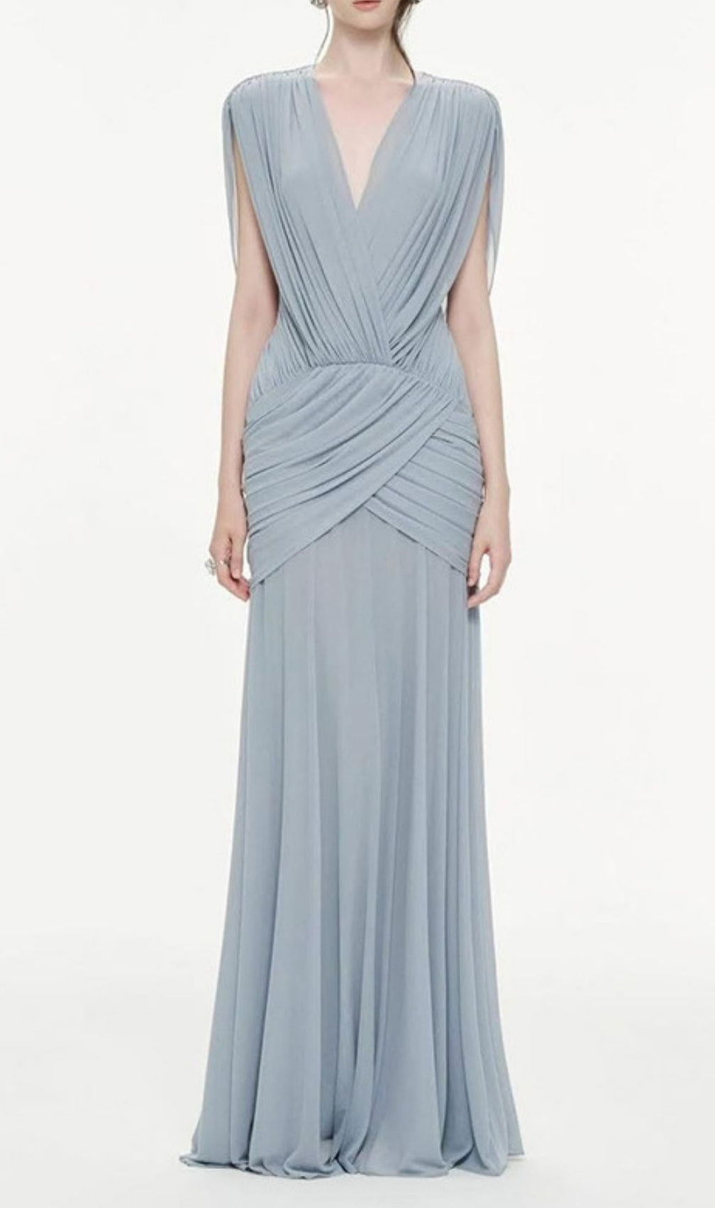 Kenia Blue Ruched V-Neck Maxi Dress: Elegant Evening & Gala Gown