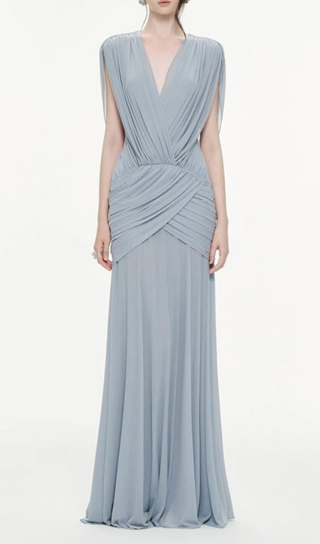 Kenia Blue Ruched V-Neck Maxi Dress: Elegant Evening & Gala Gown