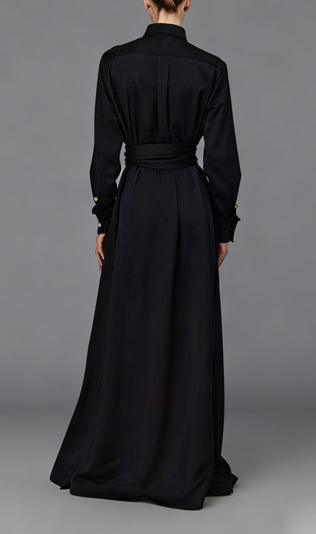 Ioannis Commander Black Belted Maxi Shirtdress with Gold Hardware