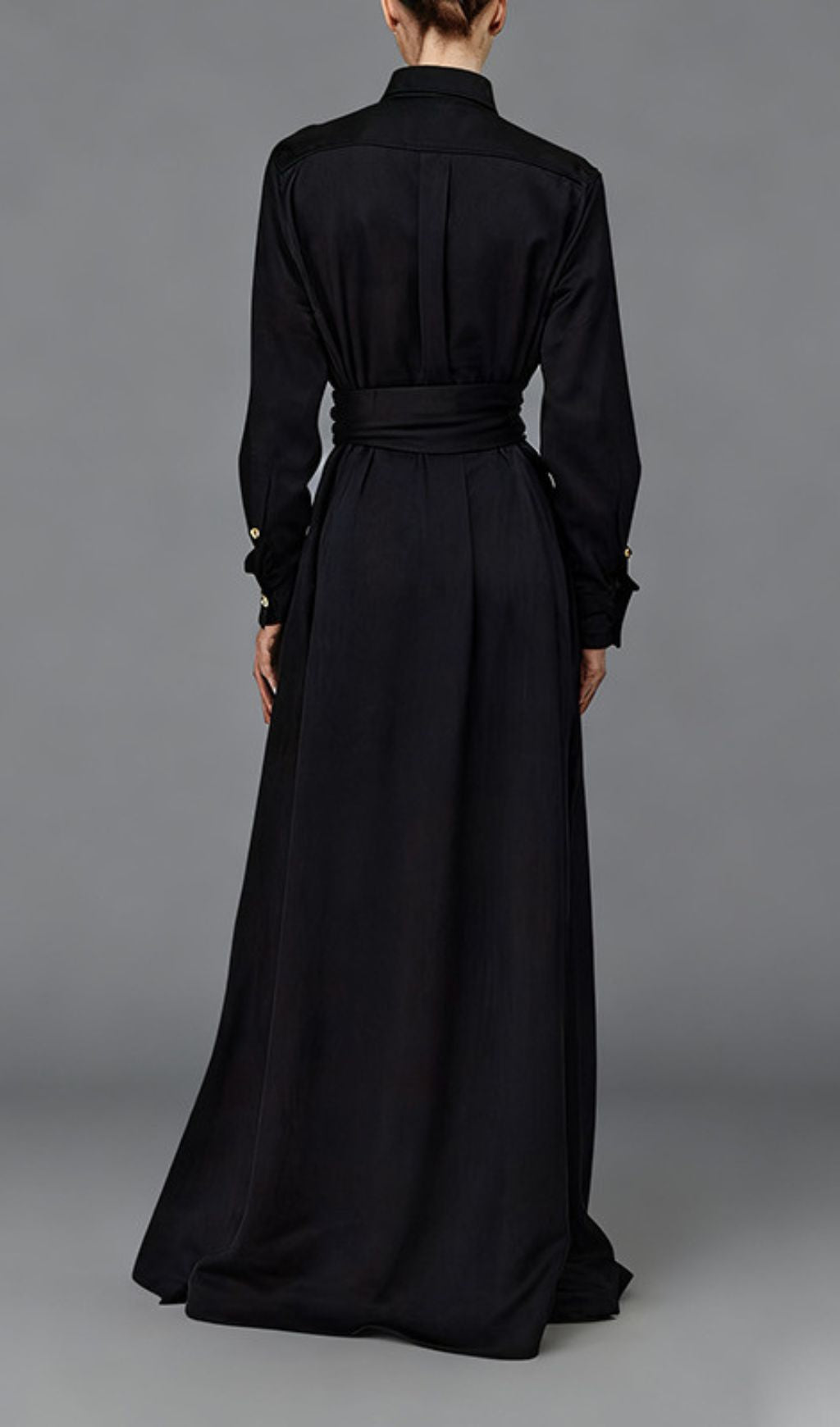 Ioannis Commander Black Belted Maxi Shirtdress with Gold Hardware
