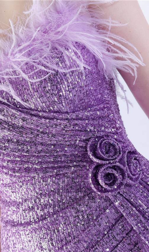 Chroma Purple Sequin Flower Feather Maxi Dress