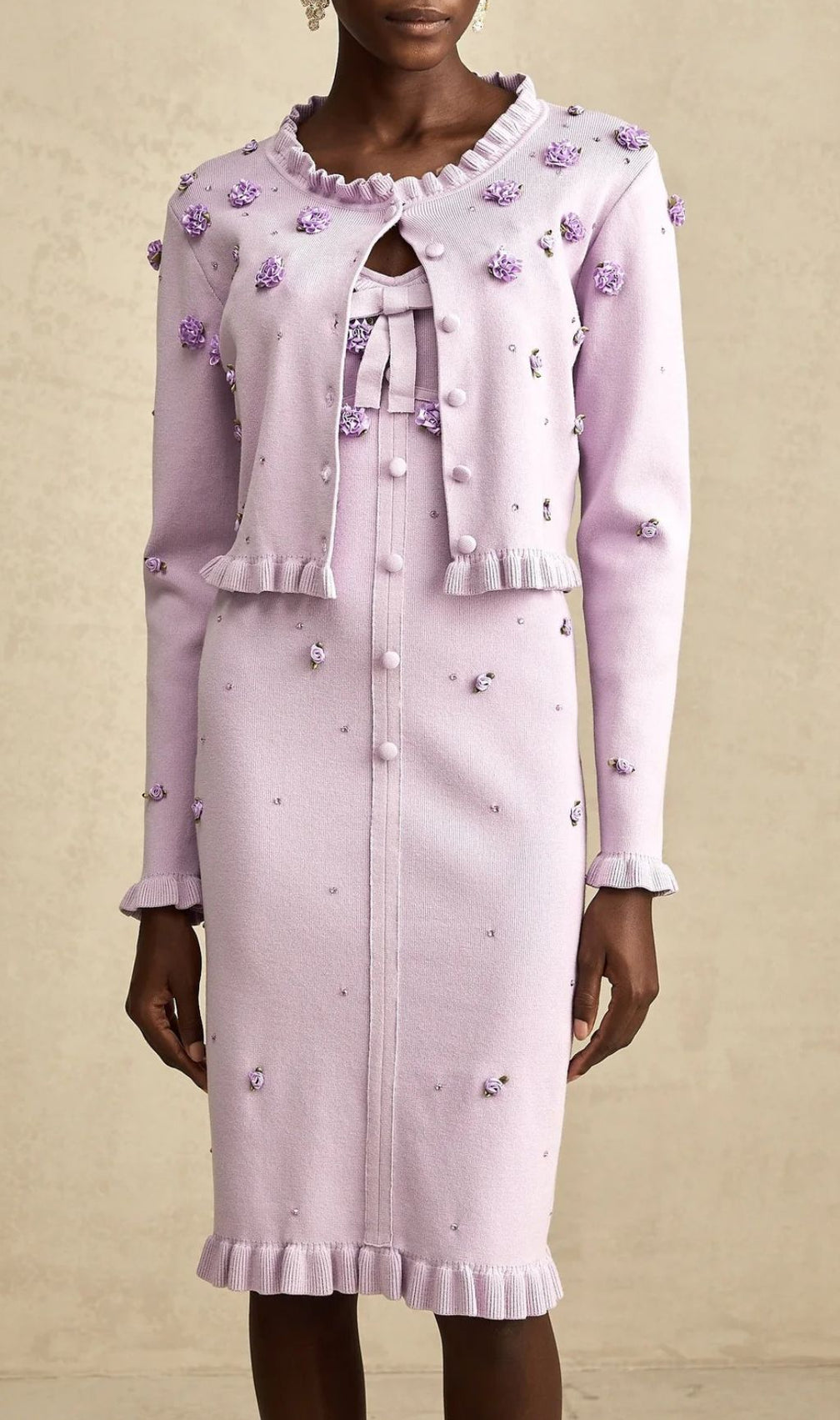 Romantic Lilac Floral Appliqué Knit Cardigan & Midi Dress Set