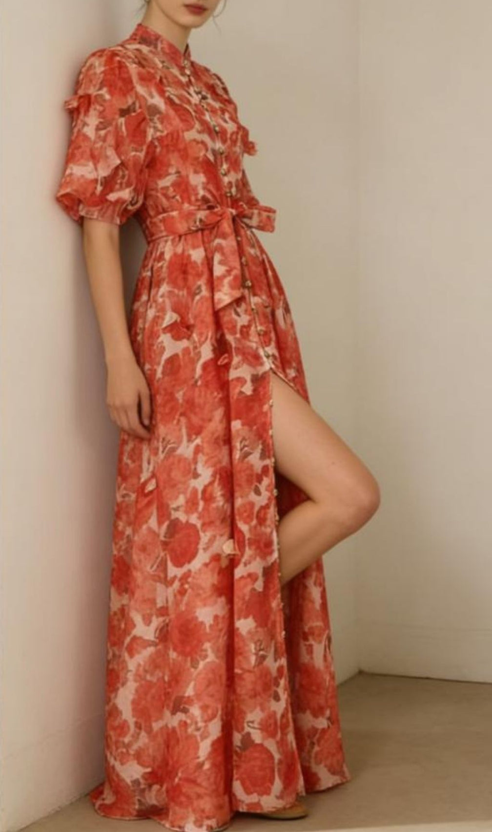 Karmela Romantic Floral Puff-Sleeve Maxi Dress - Elegant Button-Front Gown