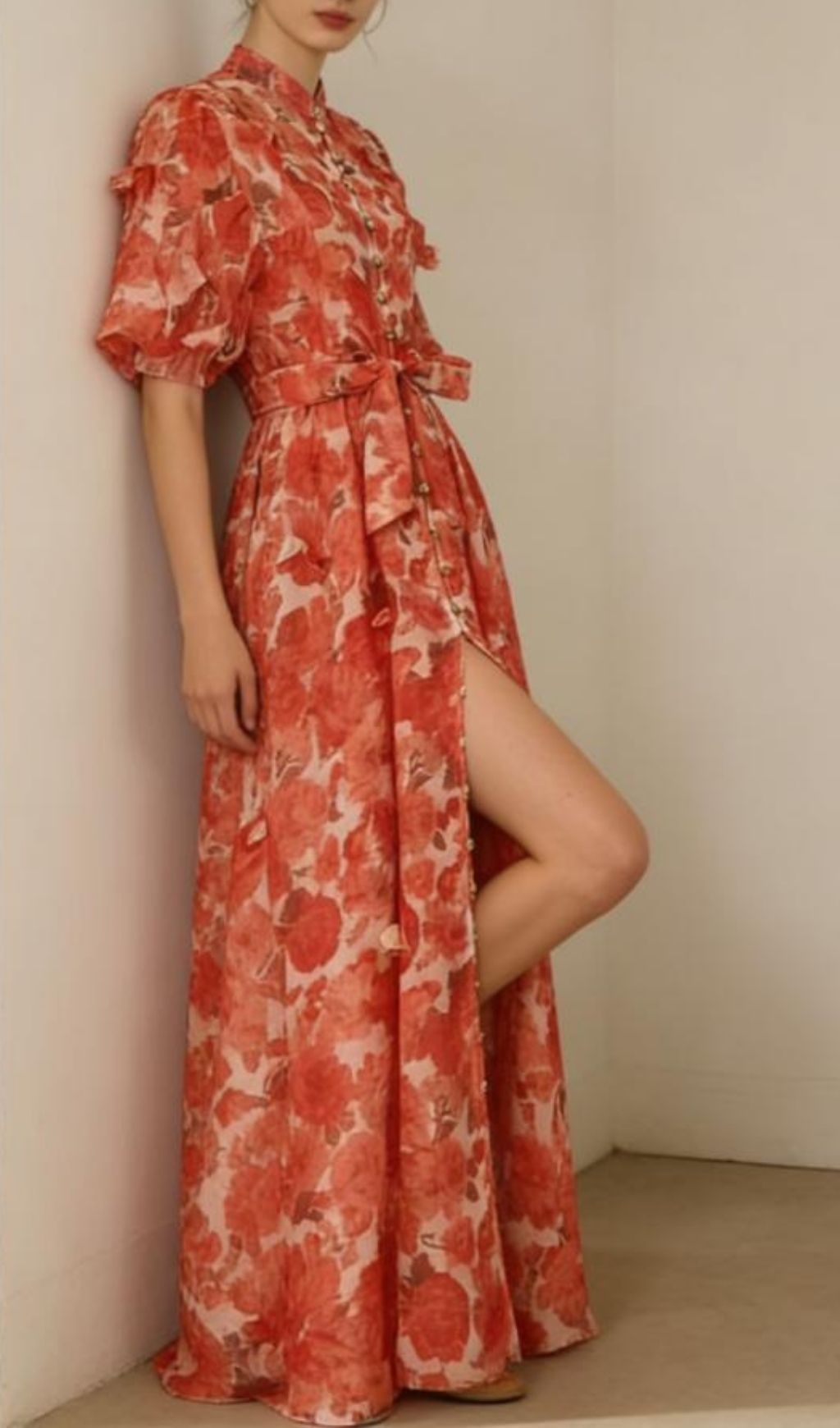 Karmela Romantic Floral Puff-Sleeve Maxi Dress - Elegant Button-Front Gown