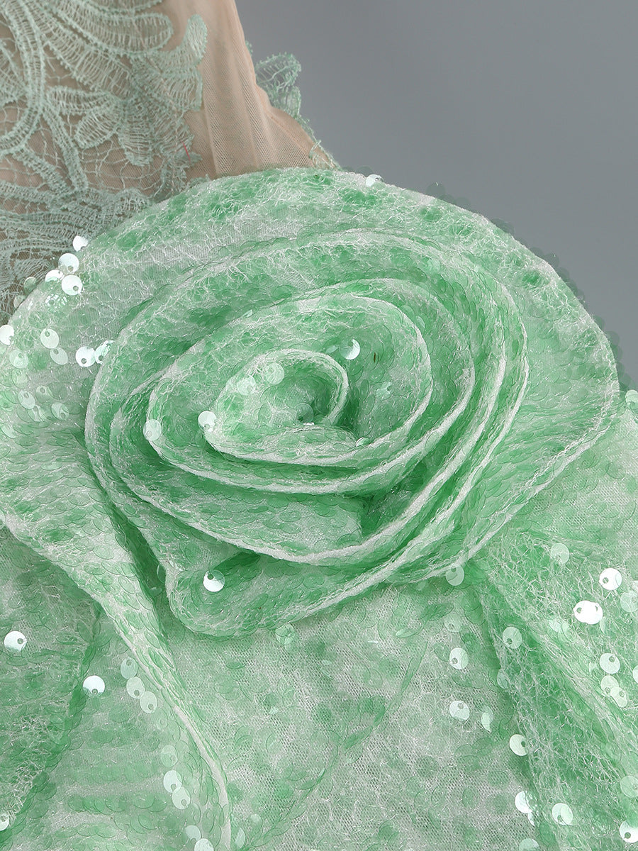 Kayla Enchanting Green Sequin & Lace Mini Dress with 3D Floral Appliqué