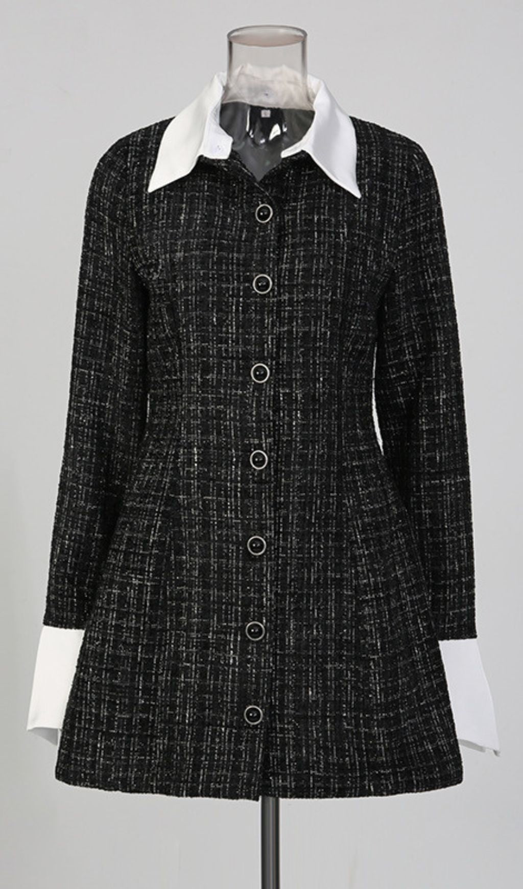 Kady Chic Black Tweed Mini Dress with Contrast Collar & Cuffs
