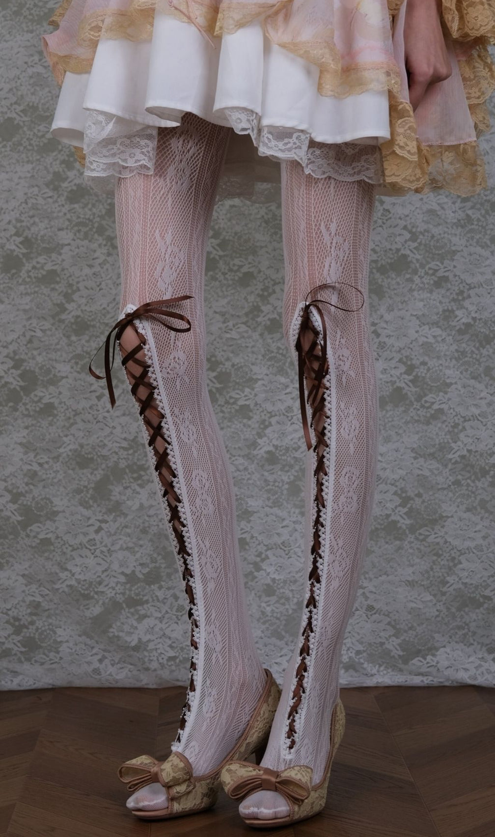 White Lace & Brown Lace-up Tights