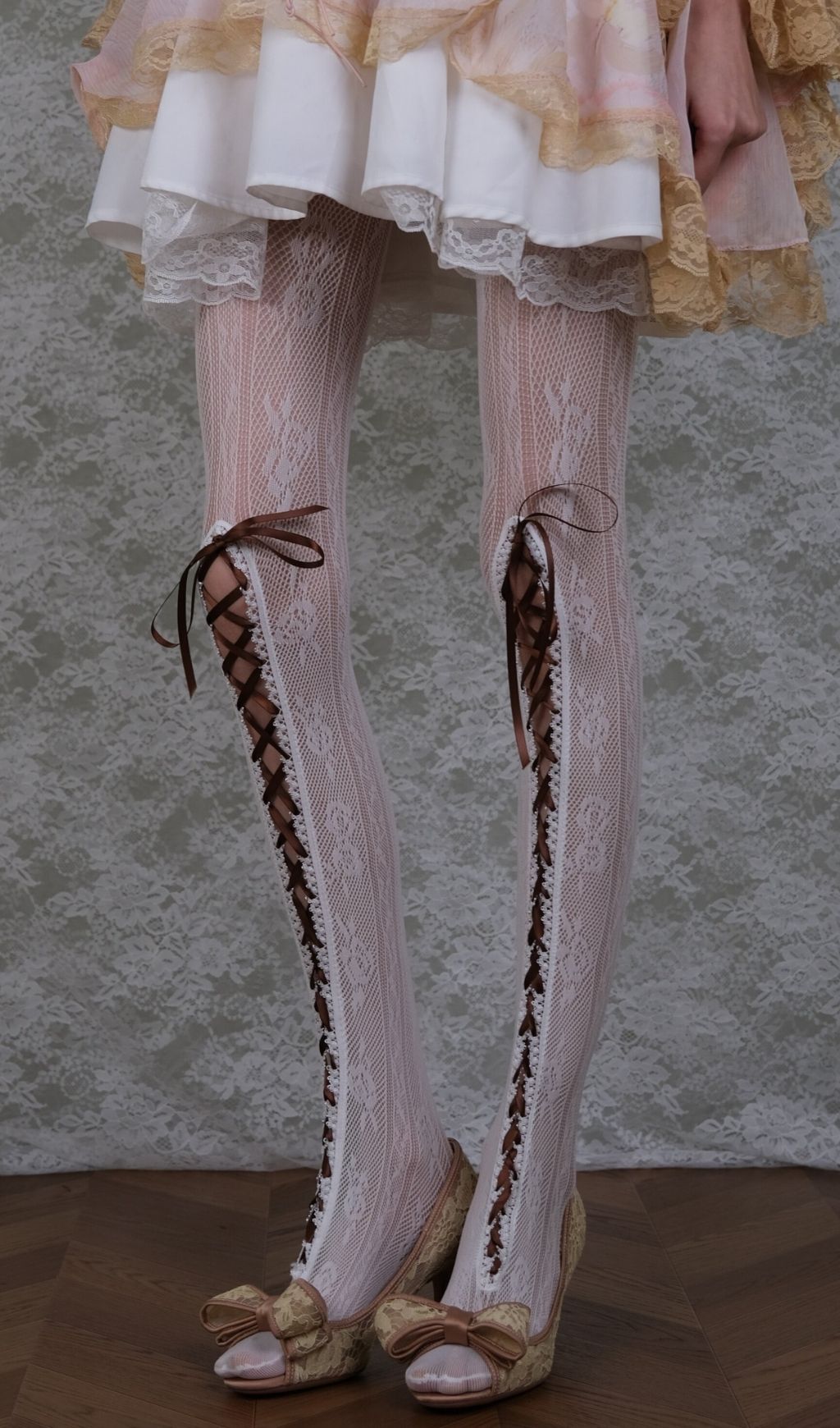 White Lace & Brown Lace-up Tights