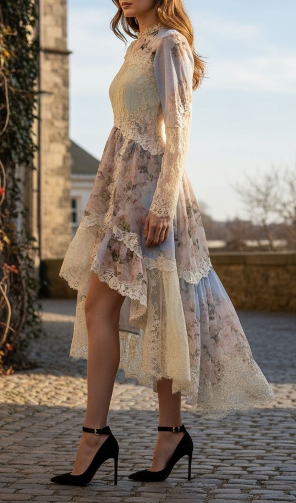 Kameelah Romantic Floral Lace High-Low Maxi Dress | Elegant Long Sleeve Gown