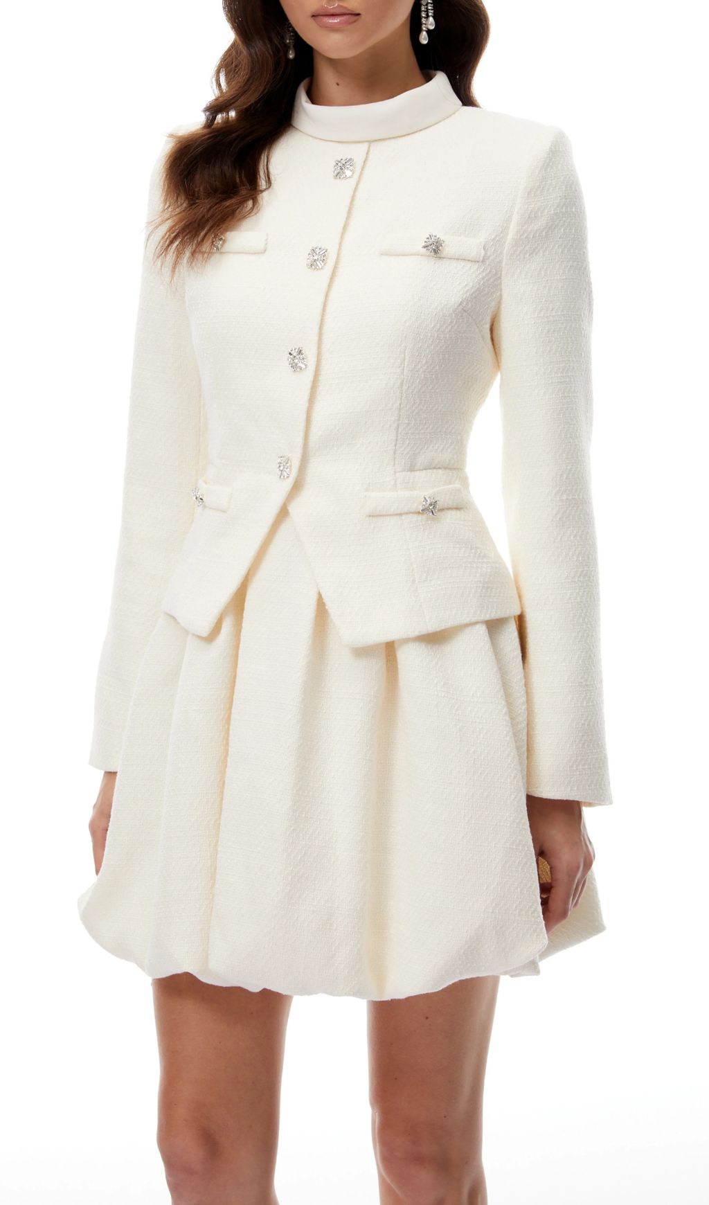 Jenner Luxe White Tweed Mini Dress | Structured Long Sleeve & Embellished Buttons
