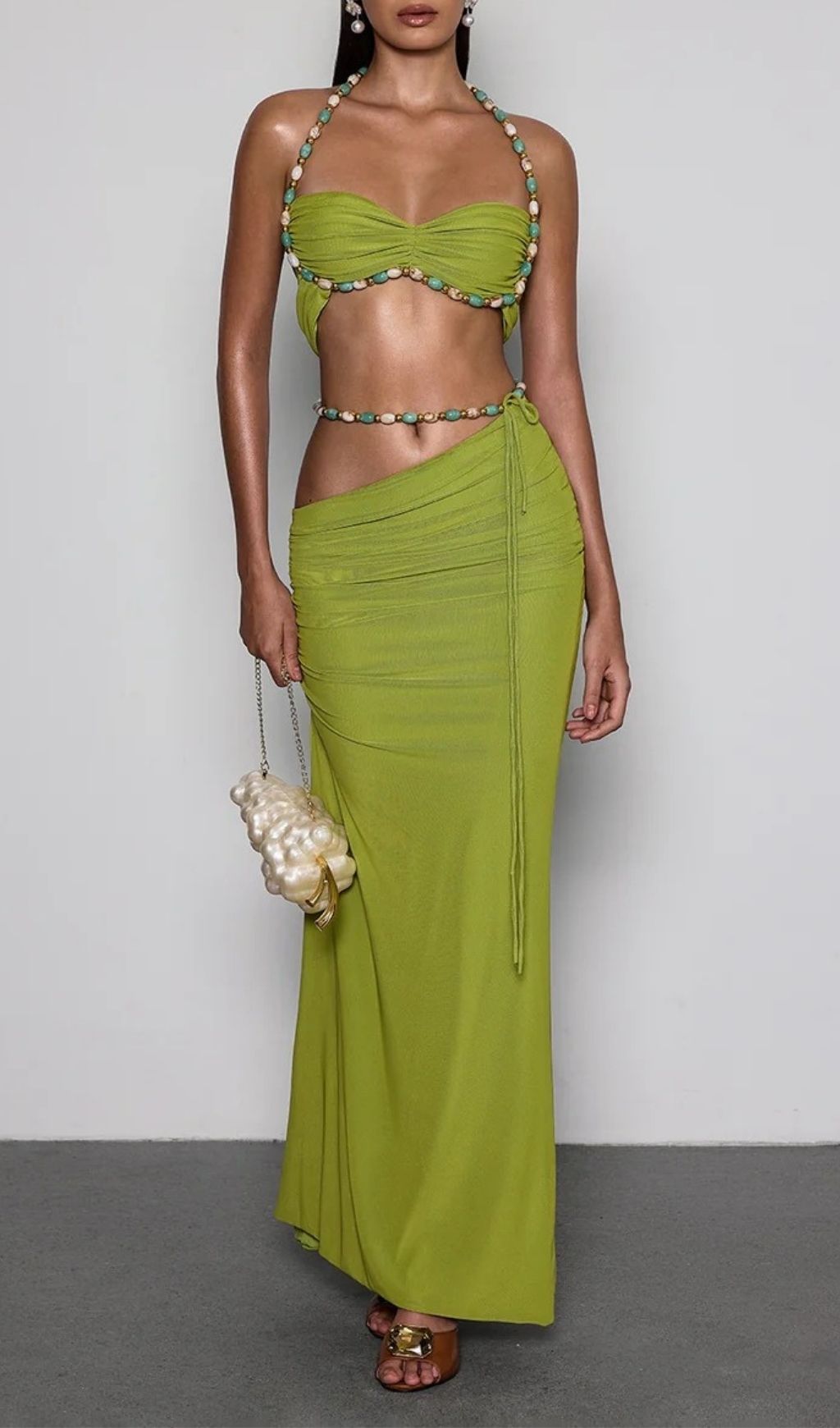 Eryna Halterneck Ruched Skirt Set In Chartreuse