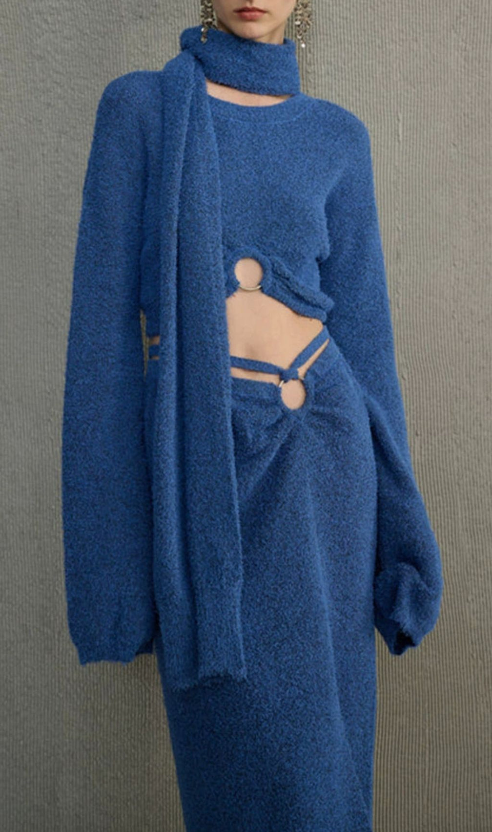 Hoshiko Chic Blue Knit 3-Piece Set: Crop Top, Slit Midi Skirt & Scarf