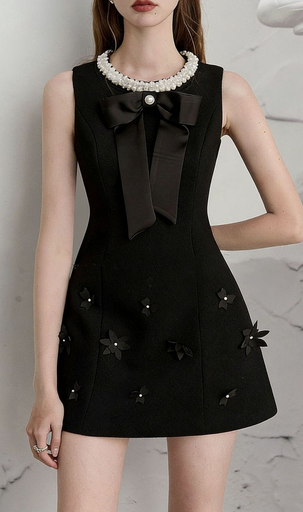 Keiji Black Pearl Collar & Bow Mini Dress - Elegant Embellished Sleeveless