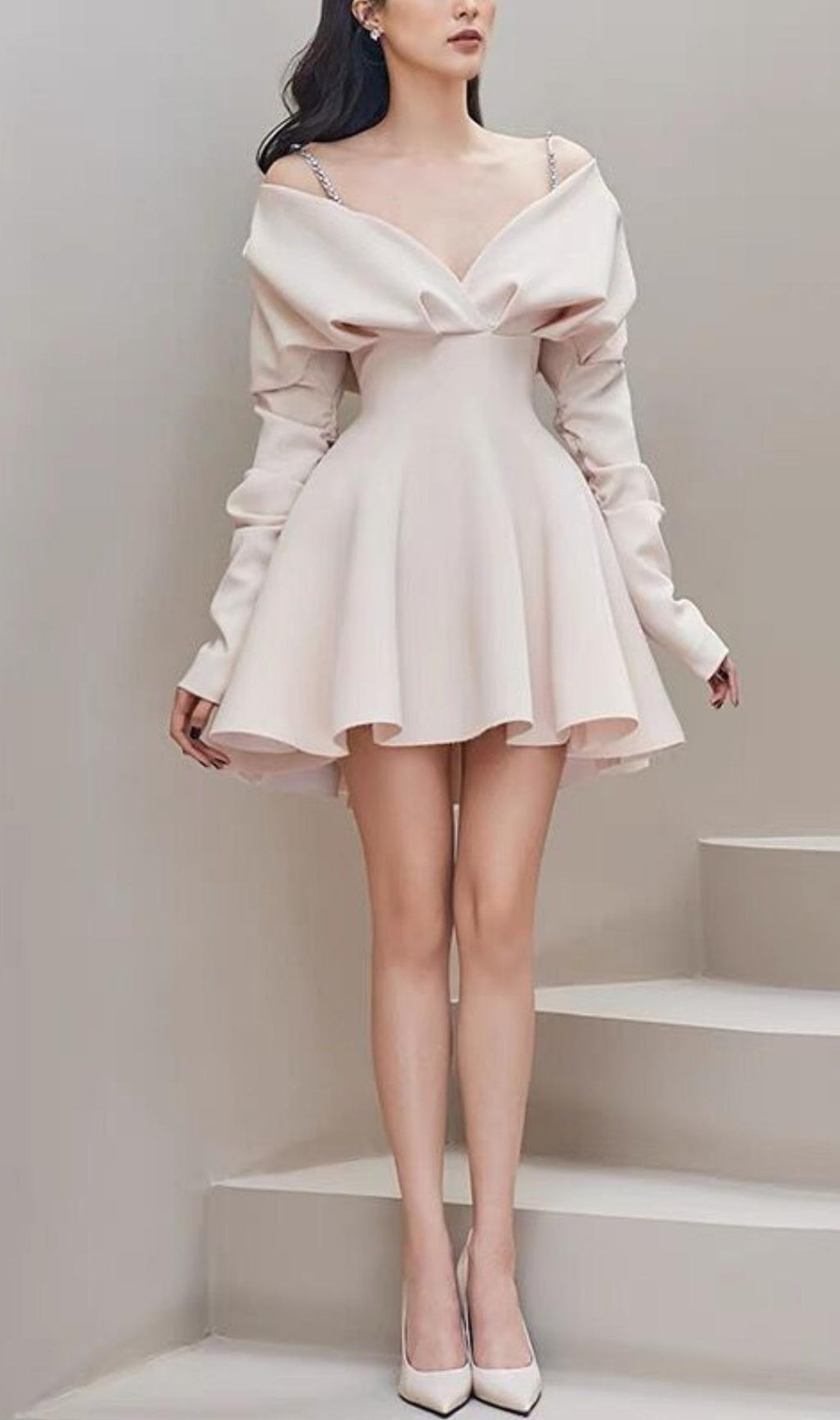 V-Neck Long-Sleeved A-Line Suspender Dress