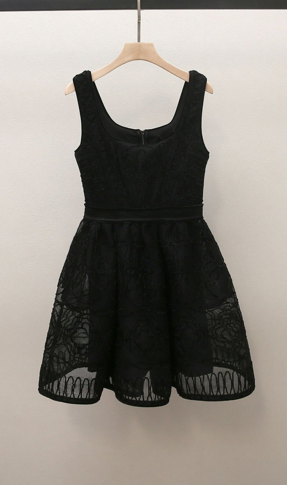 Chic Floral Embroidered Black Lace Skater Dress with Pockets - Square Neck Design