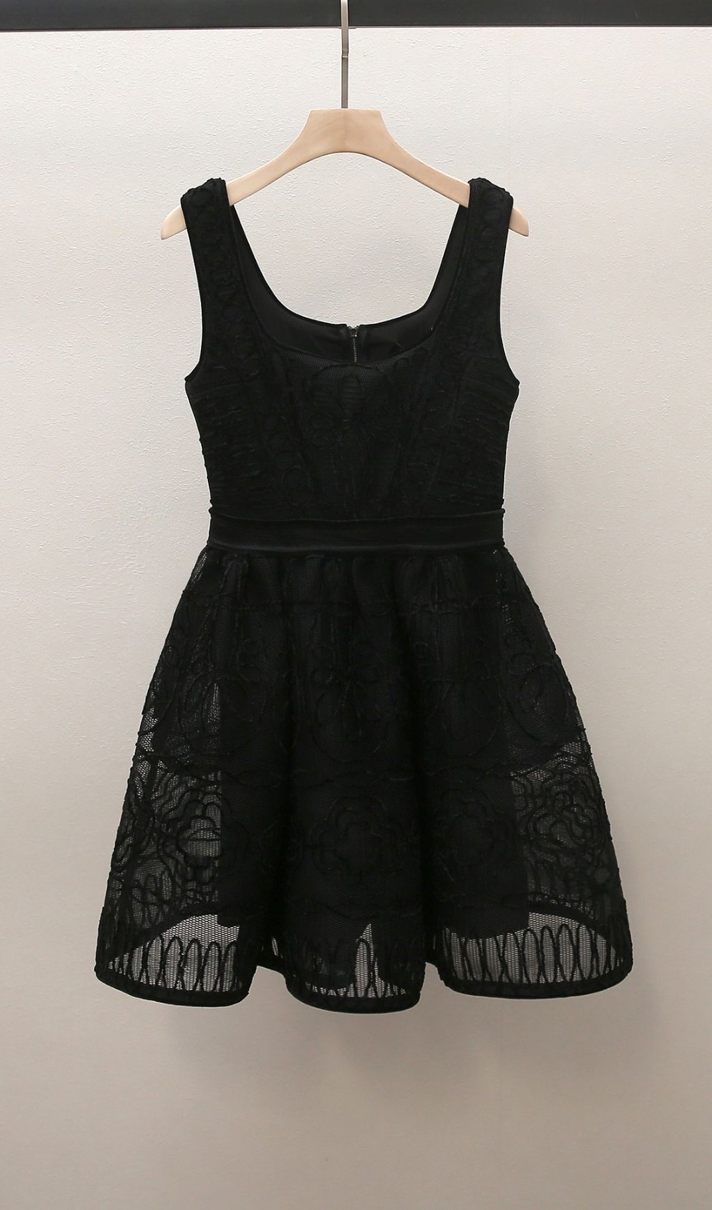 Chic Floral Embroidered Black Lace Skater Dress with Pockets - Square Neck Design