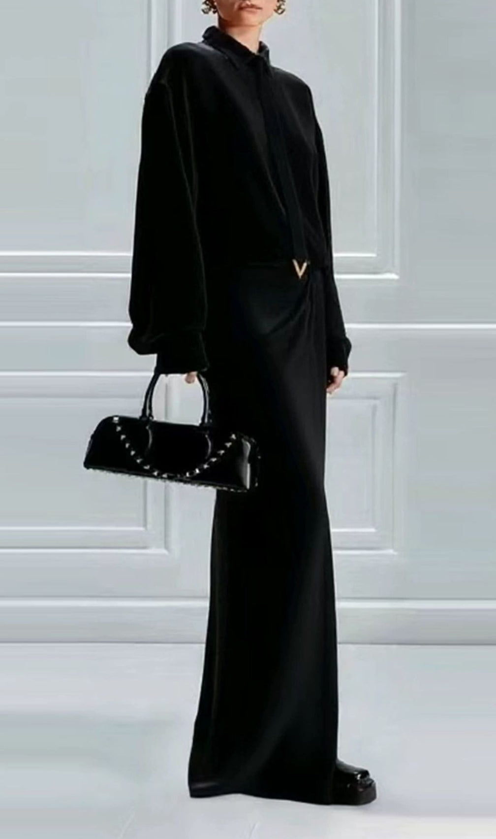 Haimi Black Long Sleeve Maxi Dress With Tie