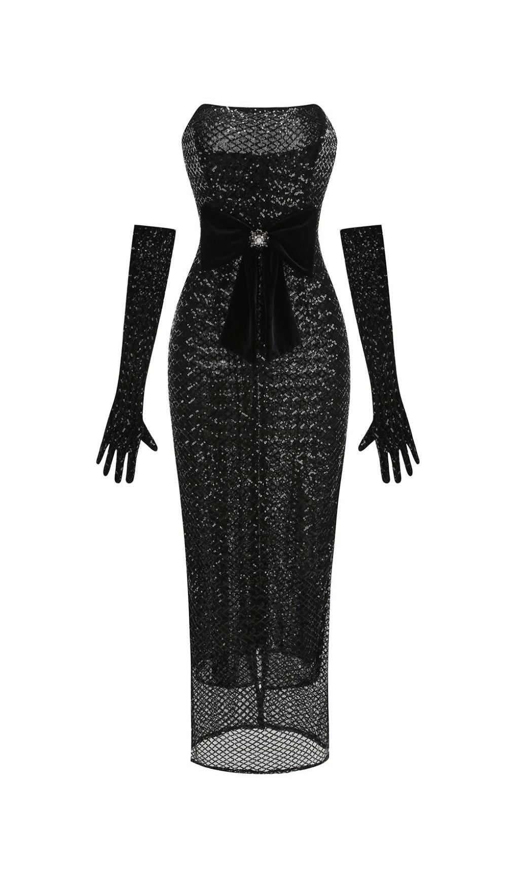 Glamorous Kelda Black Sequin Strapless Maxi Gown with Velvet Bow