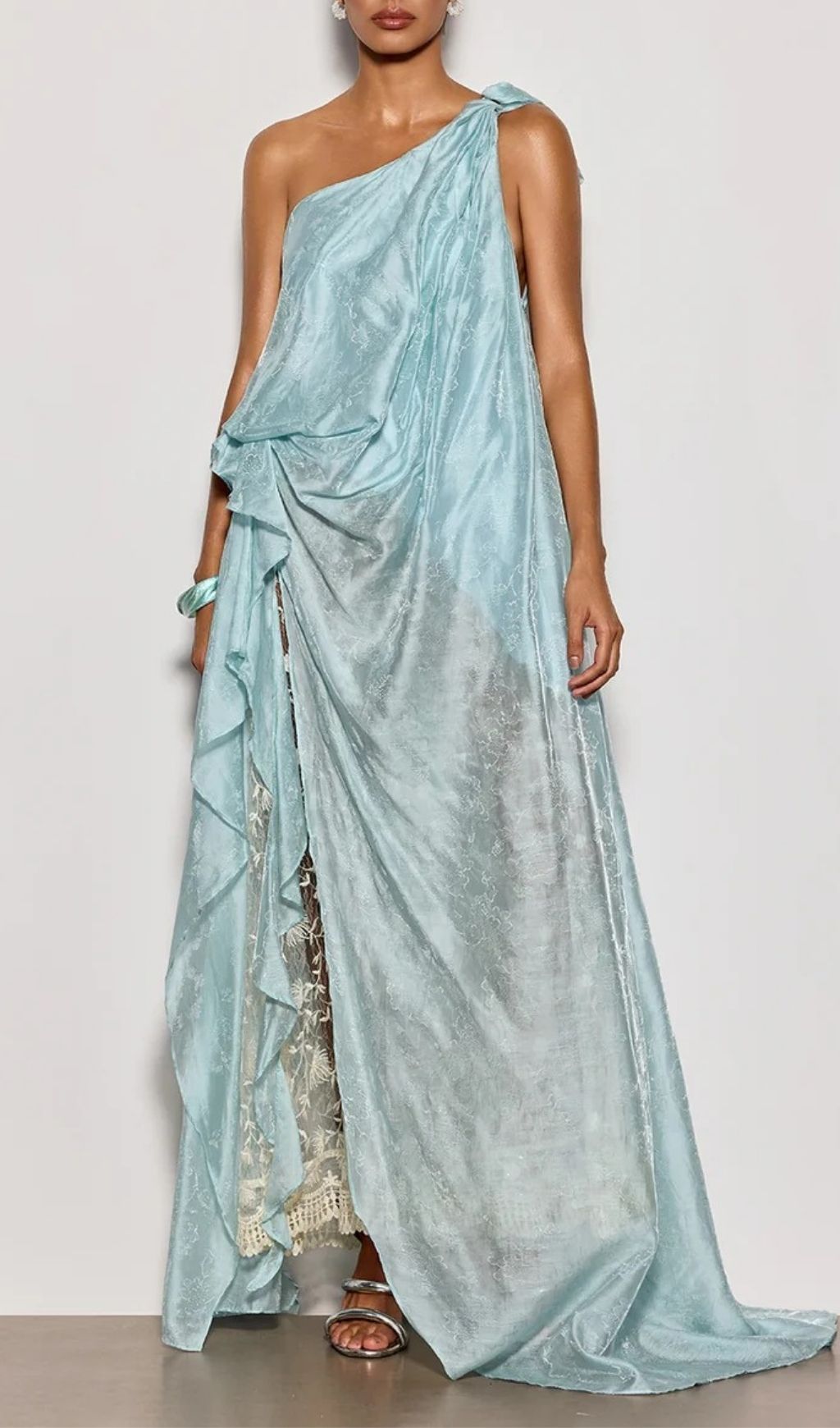 Czelaw One Shoulder Lace Maxi Dress In Icy Blue