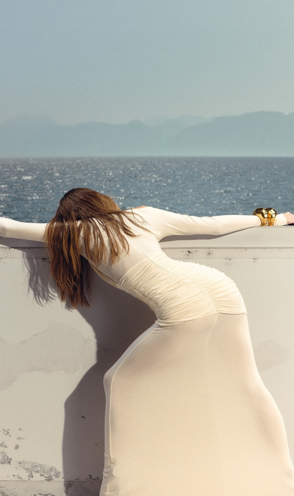 Long Sleeve Mesh Insert Draped Maxi Dress