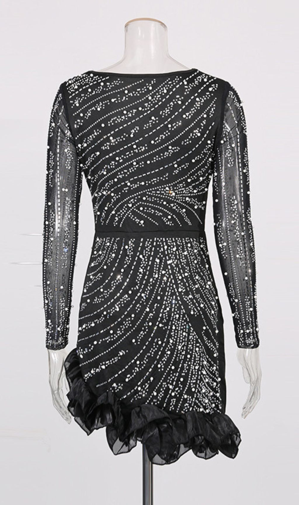 Hawkeye Dazzling Black Crystal & Pearl Beaded Long Sleeve Mini Dress