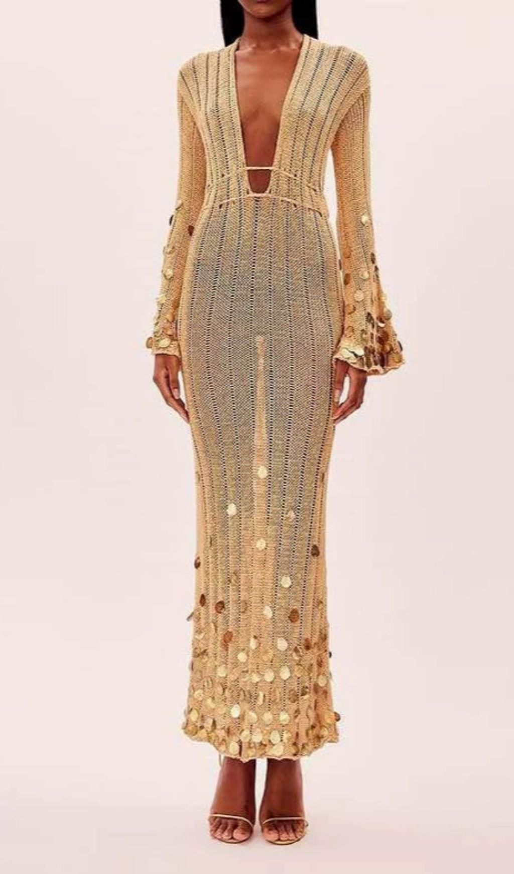 Honza Dazzling Gold Sequin Knit Maxi Dress - Effortless Glamour