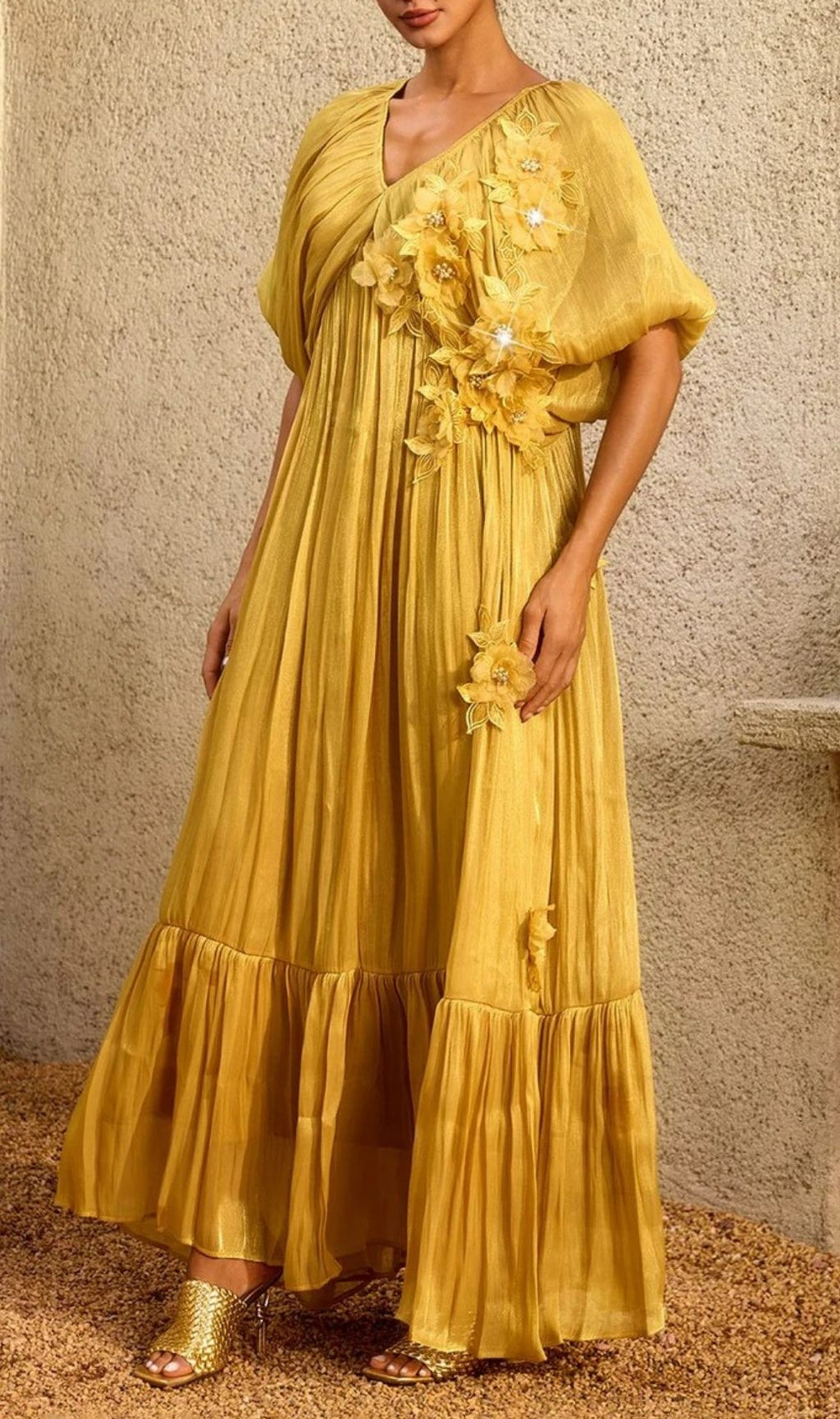 Corthiel Puff Sleeve Flower Ruched Maxi Dress