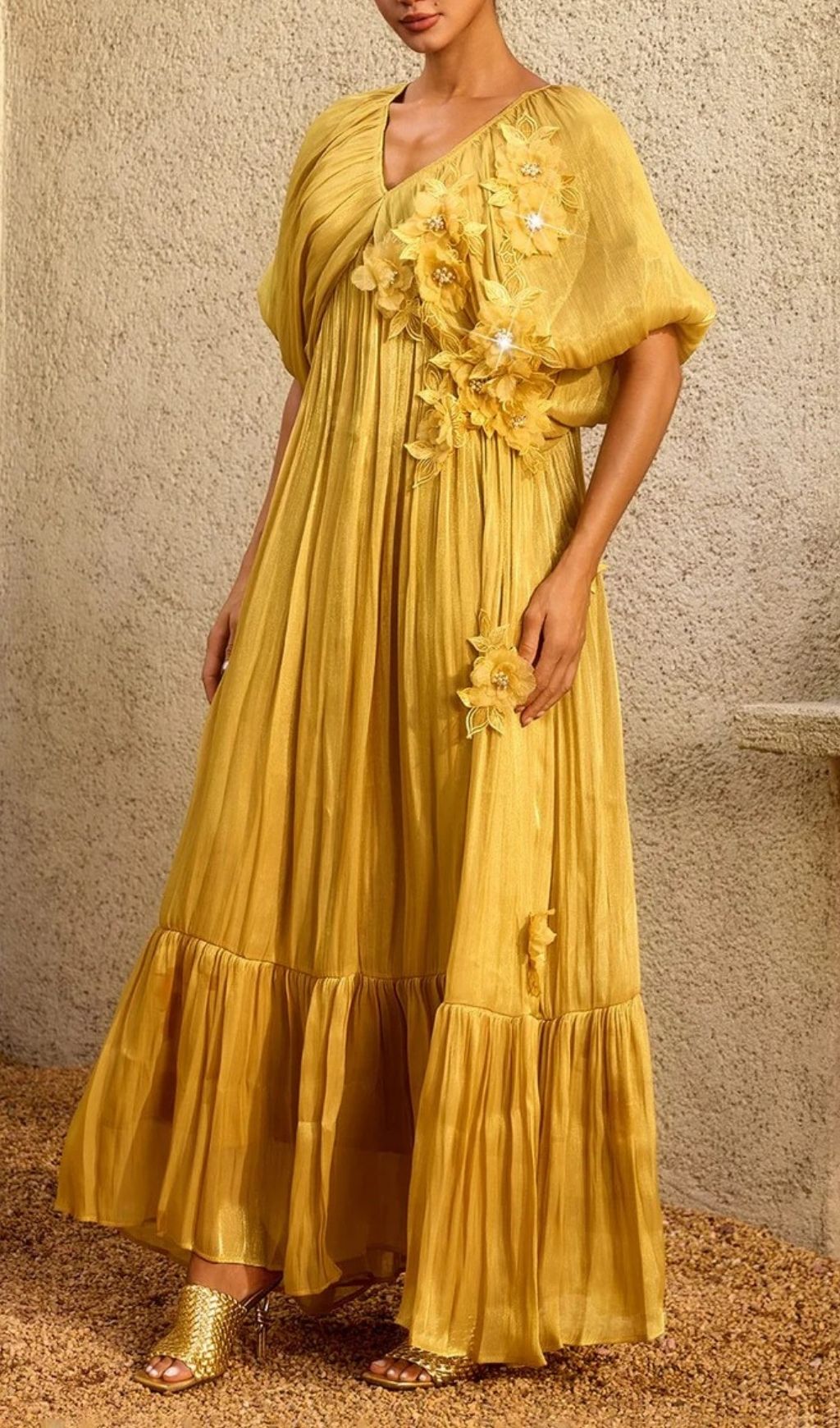 Corthiel Puff Sleeve Flower Ruched Maxi Dress