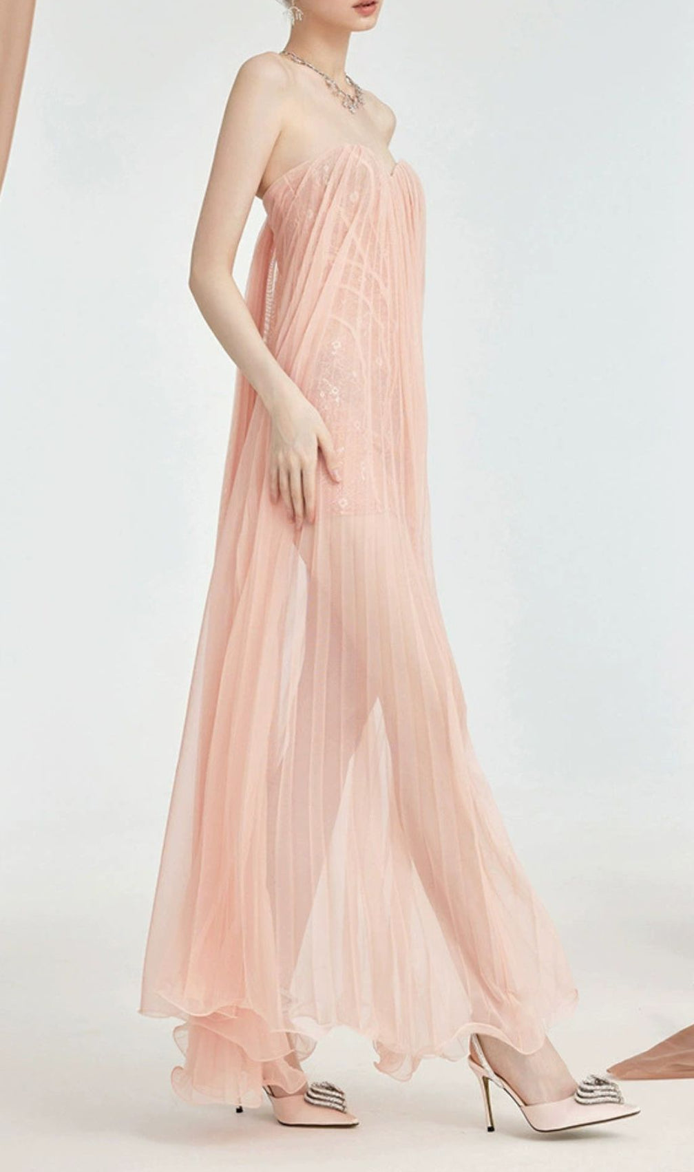 Fintan Pink Strapless Mesh Lace Maxi Dress