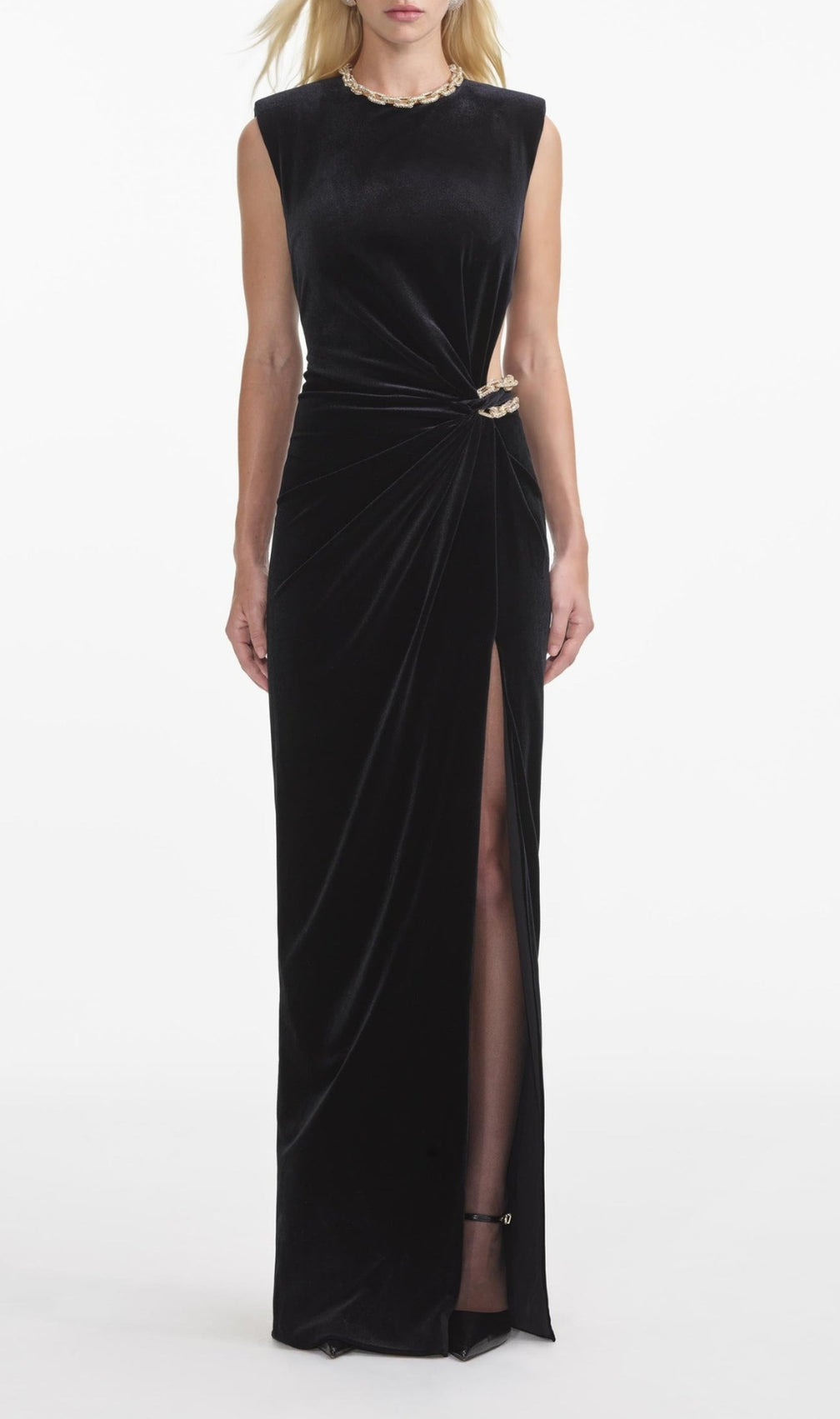 Crystal Chain Maxi Velvet Dress Black