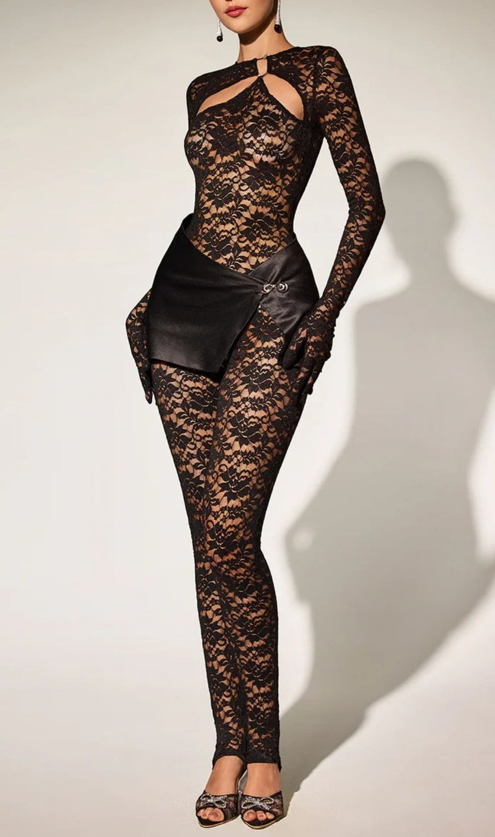 Eustace Glamour Lace Cutout Jumpsuit with Satin Mini Skirt Overlay