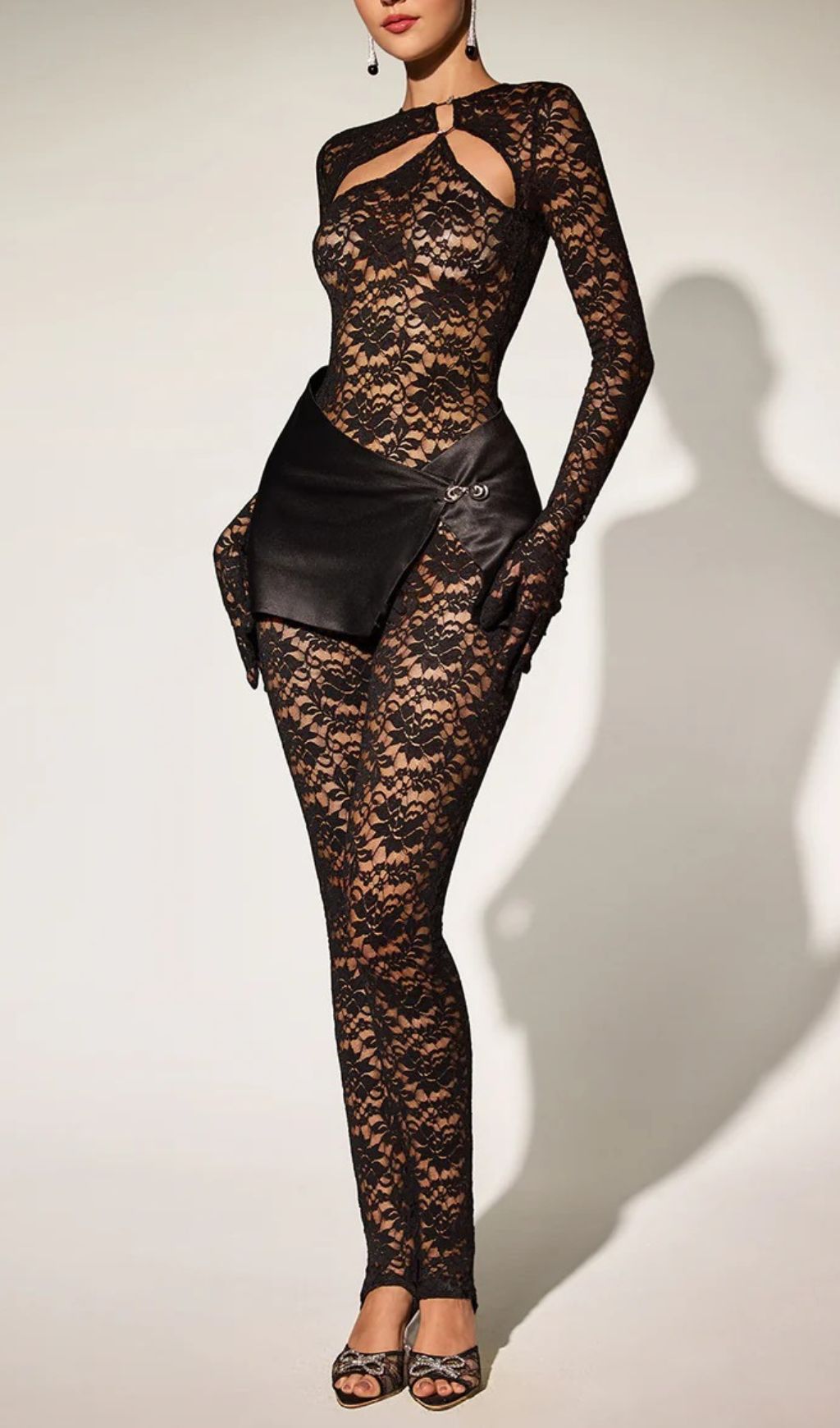 Eustace Glamour Lace Cutout Jumpsuit with Satin Mini Skirt Overlay