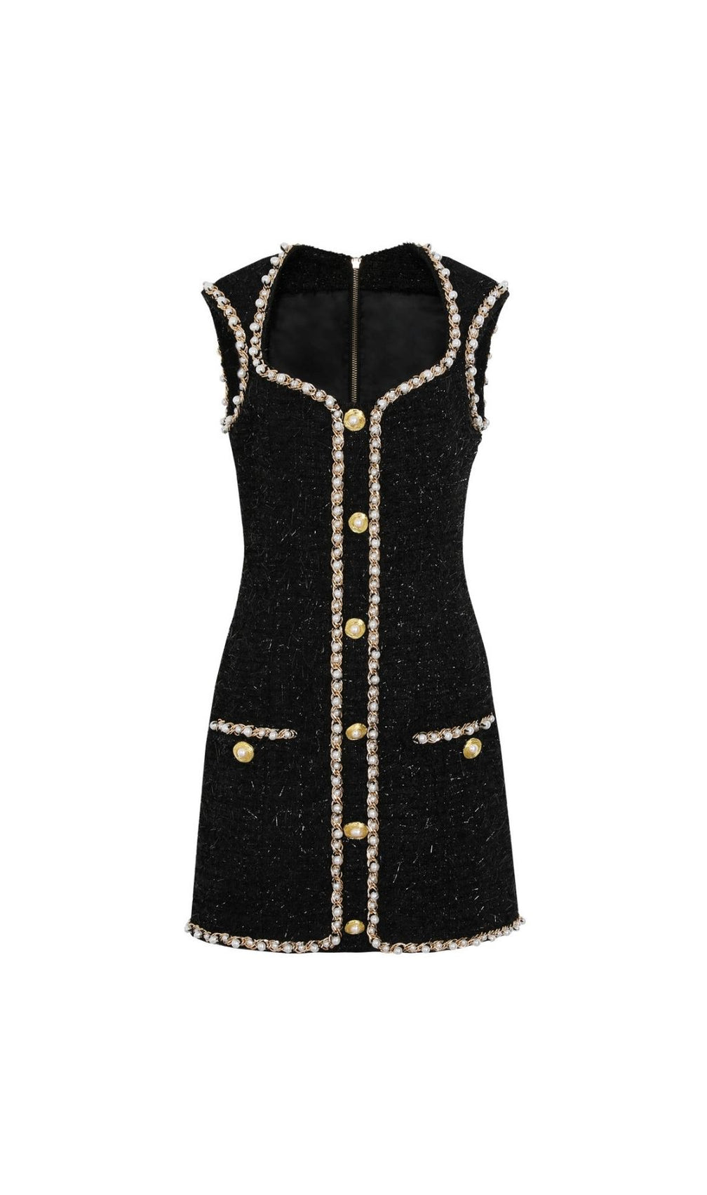 Kayah Black Tweed Mini Dress: Pearl & Gold Chain Embellished Glamour