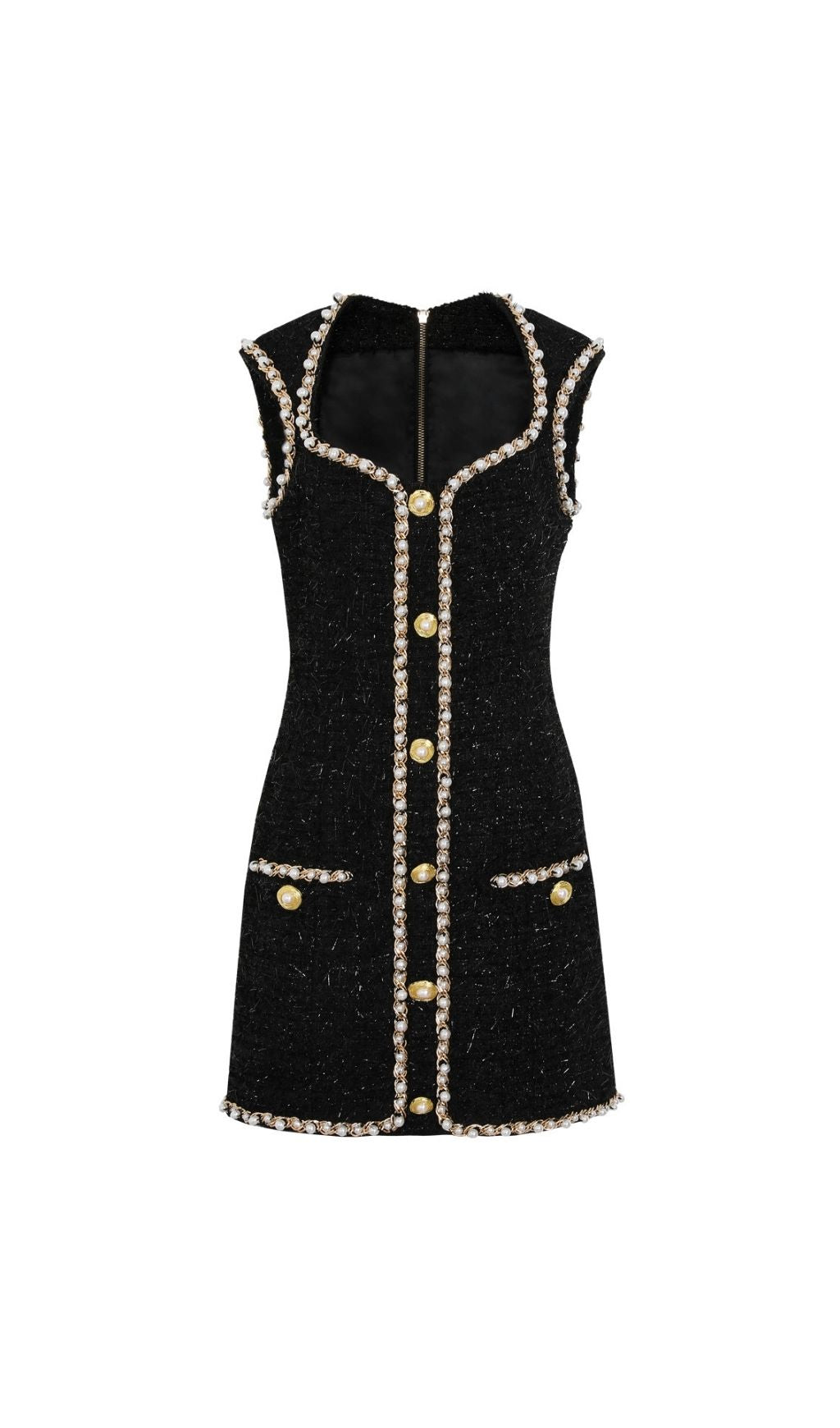 Kayah Black Tweed Mini Dress: Pearl & Gold Chain Embellished Glamour