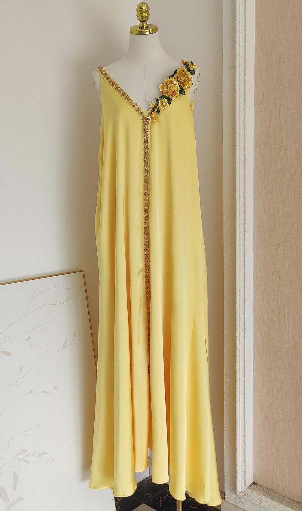 Inge Radiant Yellow Halter Maxi Dress with 3D Floral Appliques - Chic Flowy Gown