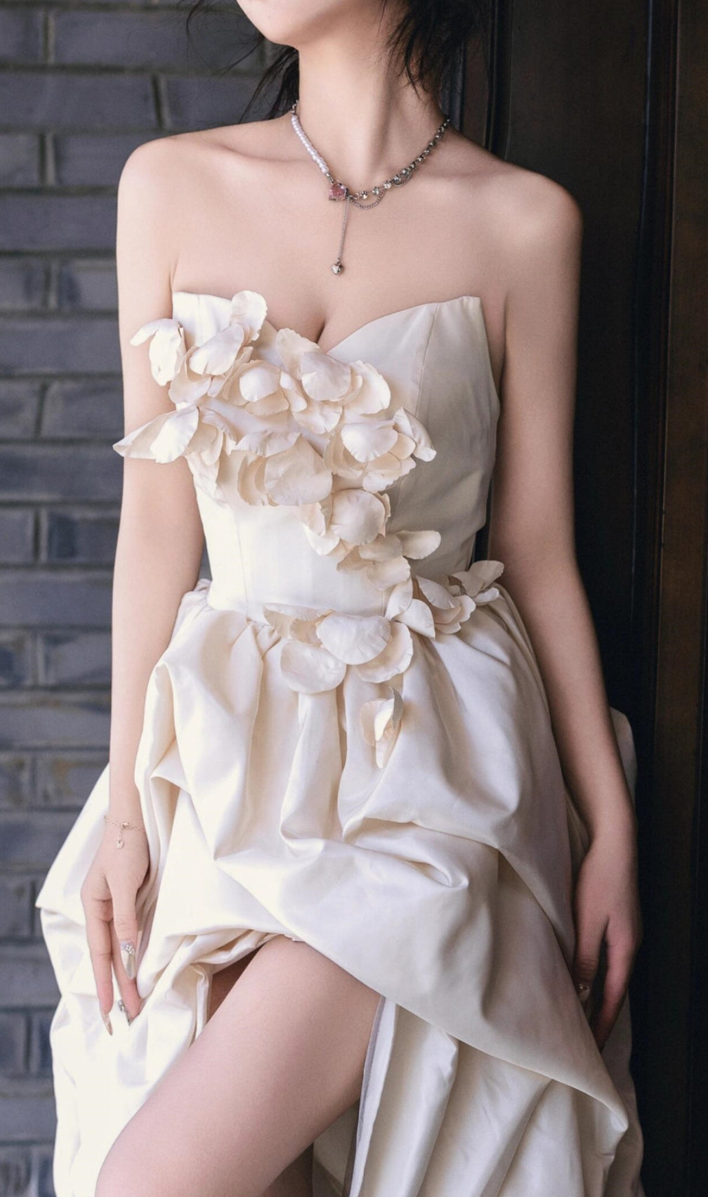 Dalal White Strapless Petal Wedding Dress