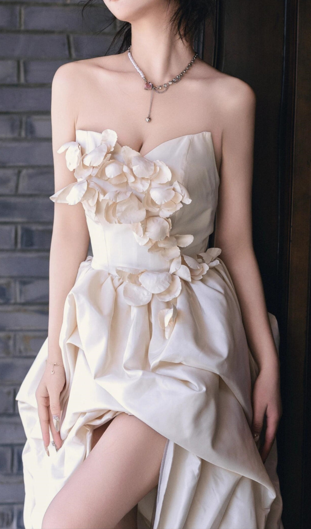 Dalal White Strapless Petal Wedding Dress