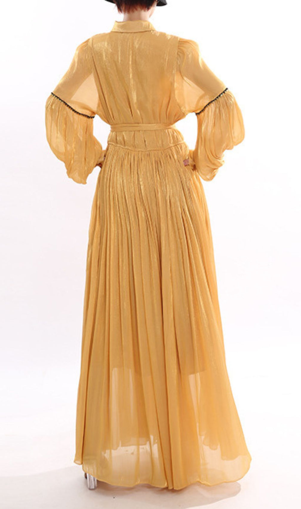 Jeseray Golden Yellow Pleated Maxi Dress | Elegant Long Sleeve Ruffle Gown for Women