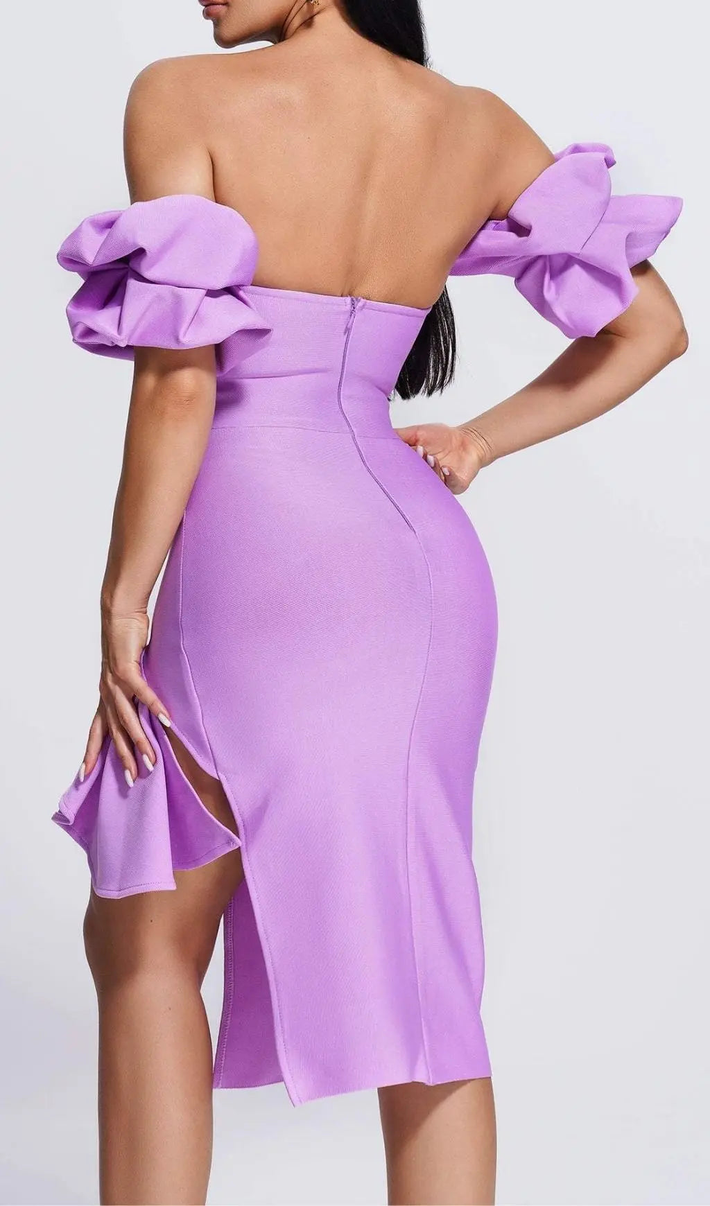 Strapless Draped Sleeve Slits Bandage Midi Dress