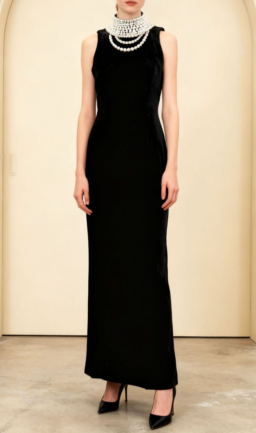 Jovana Black Velvet Pearl Collar Backless Maxi Dress - Luxe Evening Gown