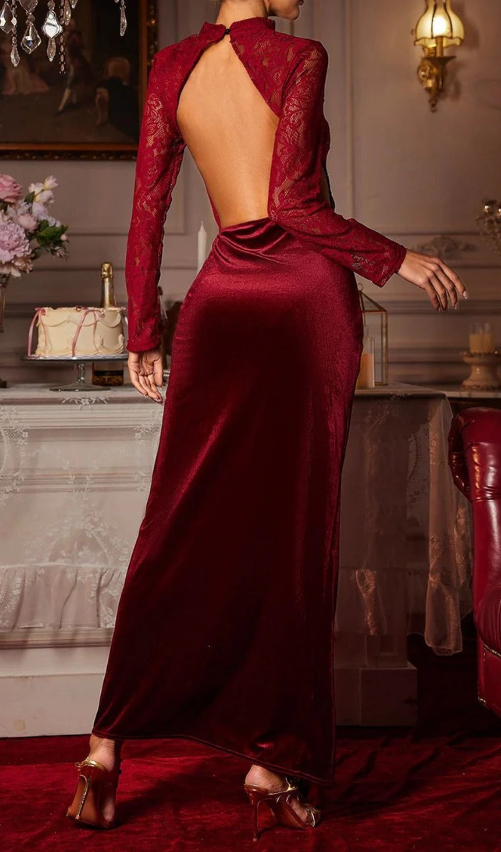 Eldrian Flower Ruched Split Lace Velvet Maxi Dress