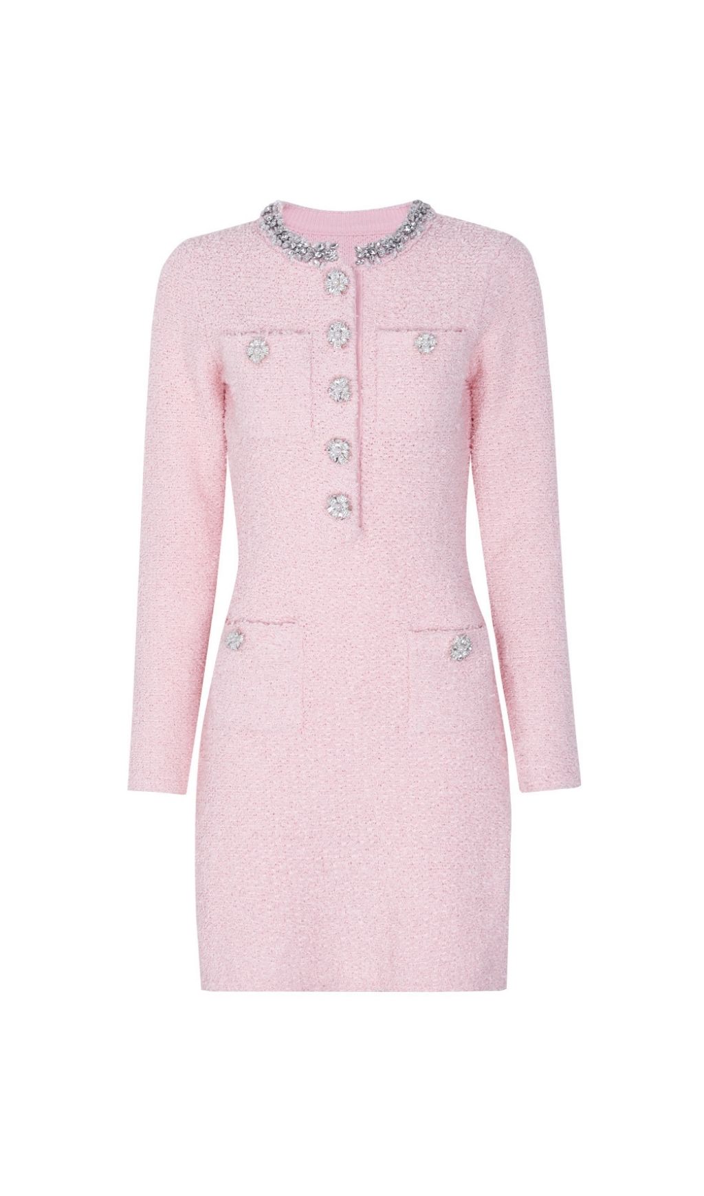 Karsyn Pink Tweed Diamante Mini Dress | Long Sleeve Sparkle & Chic
