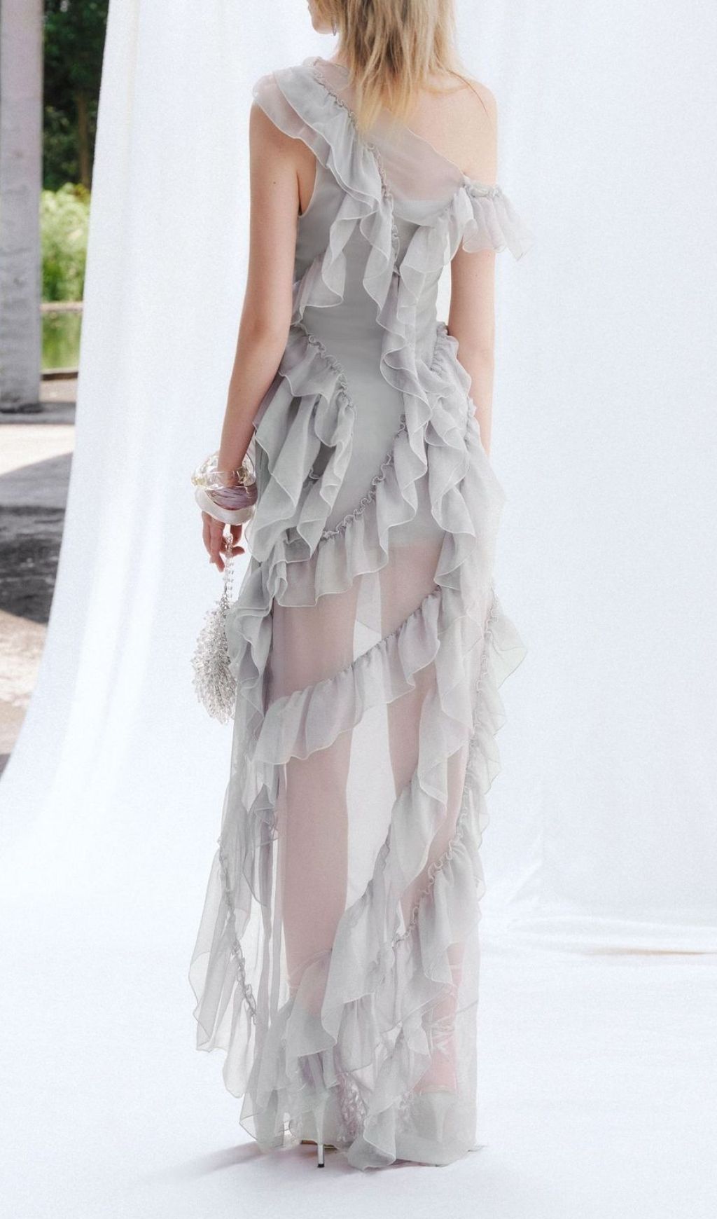 Klyara Grey Ruffle Mesh Maxi Dress