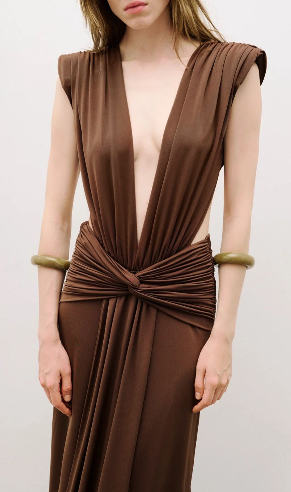 Joselyn Deep V-Neck Knotted Maxi Dress - Elegant Coffee Brown Gown
