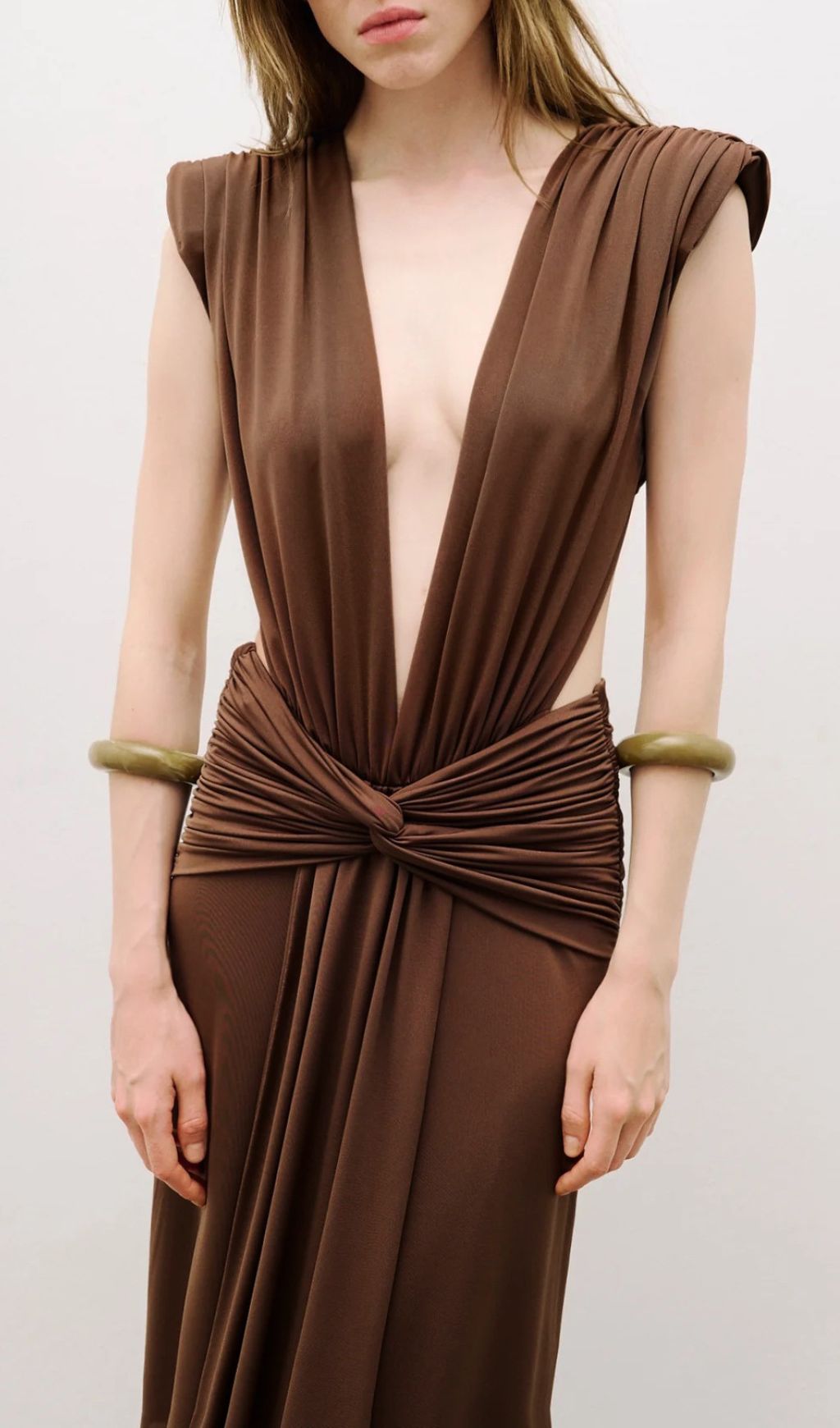 Joselyn Deep V-Neck Knotted Maxi Dress - Elegant Coffee Brown Gown